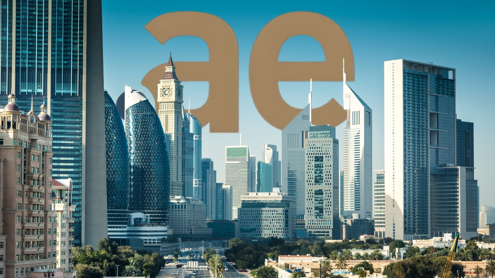 Skyline of a modern city with tall skyscrapers, a clock tower, and palm trees below. Large, translucent 'ae' letters overlay the sky, with the text 'Buy .ae domain from Gatehills' subtly integrated into the scene.