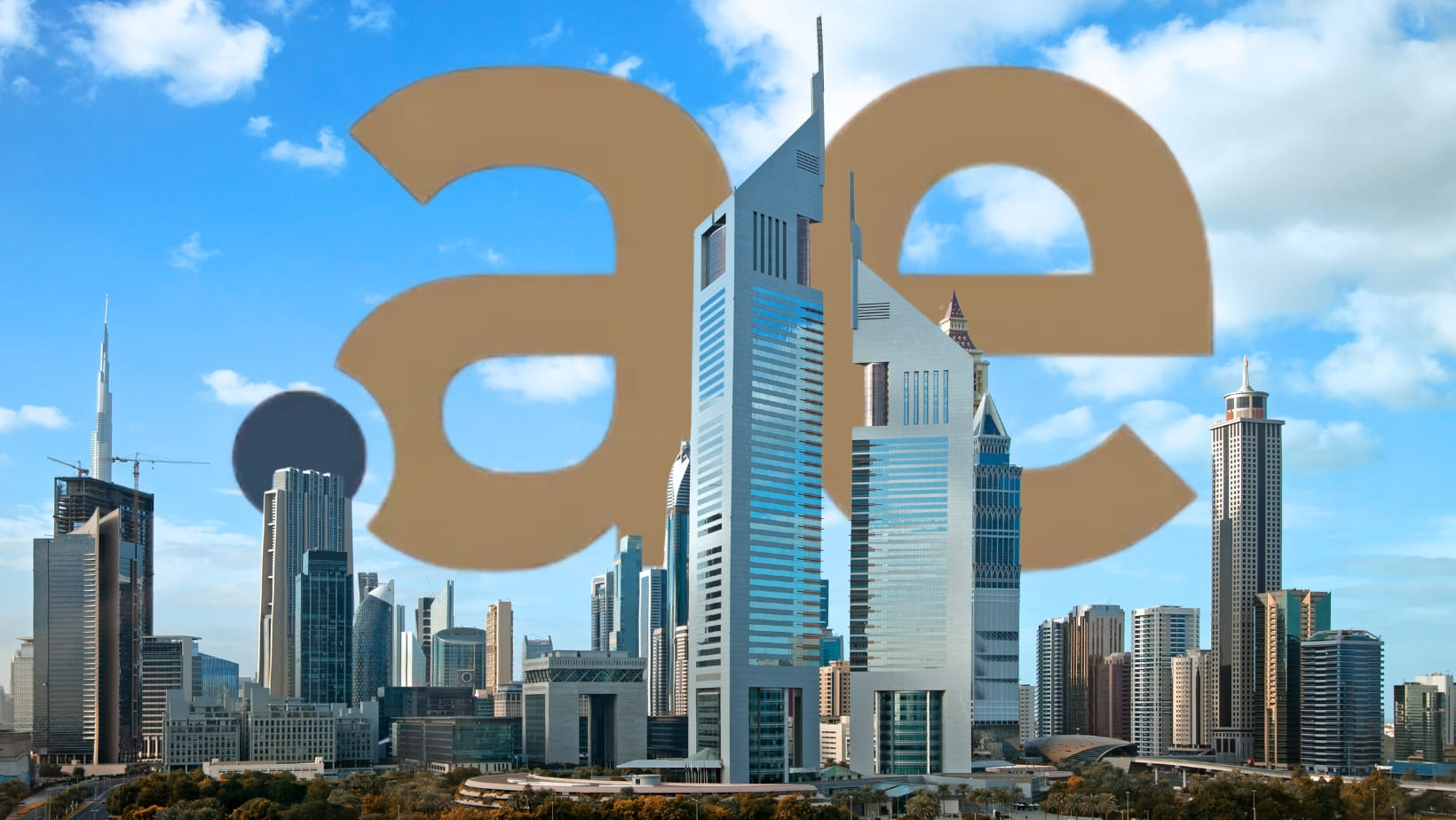 Dubai skyline with modern skyscrapers under a blue sky, overlaid with a large ".ae" domain logo in gold and black, highlighting the prestige of securing your .ae domain name by Gatehills.