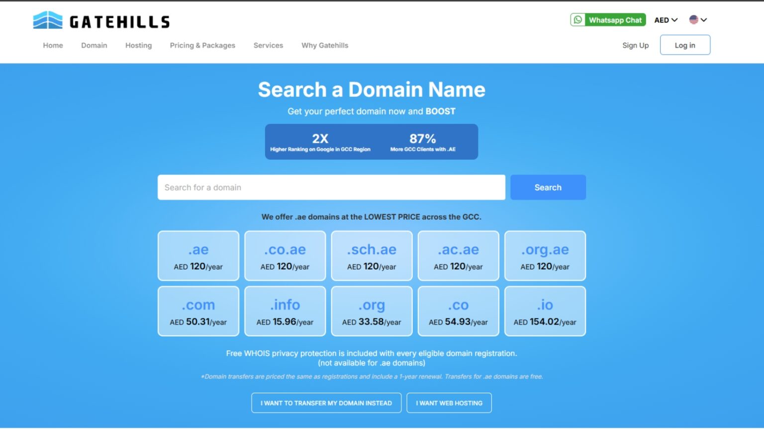 Screenshot of the Gatehills website homepage showing a domain name search tool and pricing for various domain extensions like .com, .ae, .info, .org, .io, and .org.ae.