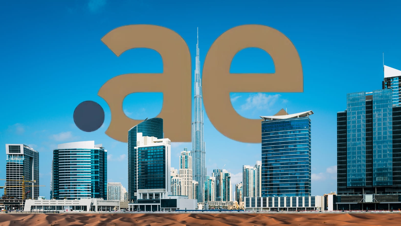 Modern Dubai skyline with Burj Khalifa in the center, overlaid by a large ".ae" domain logo and desert sand in the foreground—showcasing the digital presence possible with a .ae domain name from Gatehills, your trusted UAE domain name register.