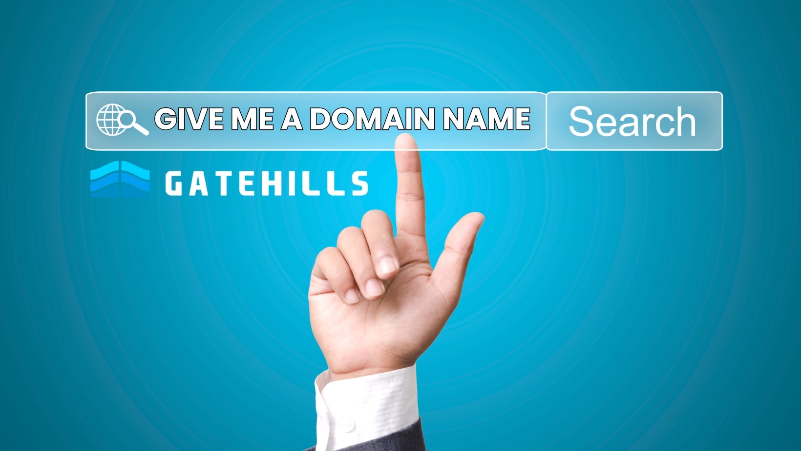 A hand points at a search bar with the text "GIVE ME A DOMAIN NAME" and "Search" beside the Gatehills logo, highlighting the UAE Gatehills AI domain name search tool on a blue background.