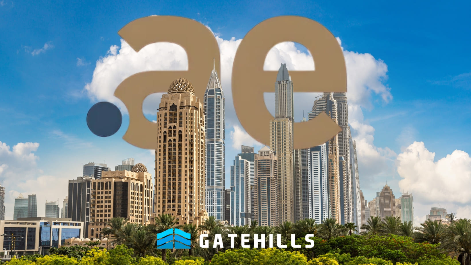 Dubai city skyline with tall modern skyscrapers, large ".ae" domain text overlay, and the Gatehills logo at the bottom center—your trusted Gatehills domain and hosting provider for success in the UAE.
