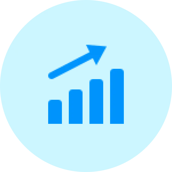 Blue icon of an ascending bar chart with an upward arrow on a circular blue background, representing business growth—ideal for companies looking to buy AE domain or boost their online presence with Gatehills domain provider.