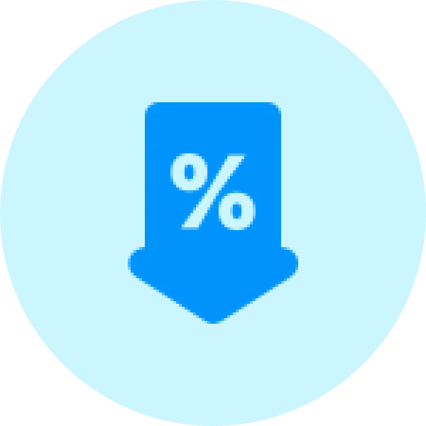 Blue circular icon featuring a downward arrow with a percent symbol, symbolizing domain name discounts and special deals—perfect for showcasing Gatehills domain provider offers on buying AE domains.