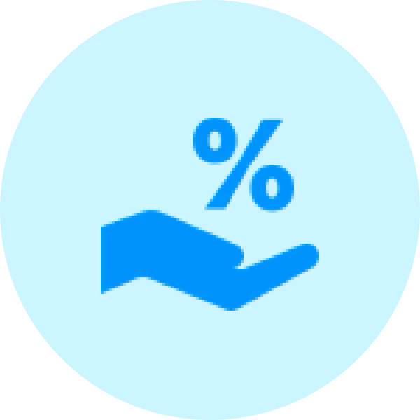 Blue icon of an open hand holding a percent symbol, representing special offers and discounts—ideal for promoting Gatehills domain provider deals on AE domain registration.