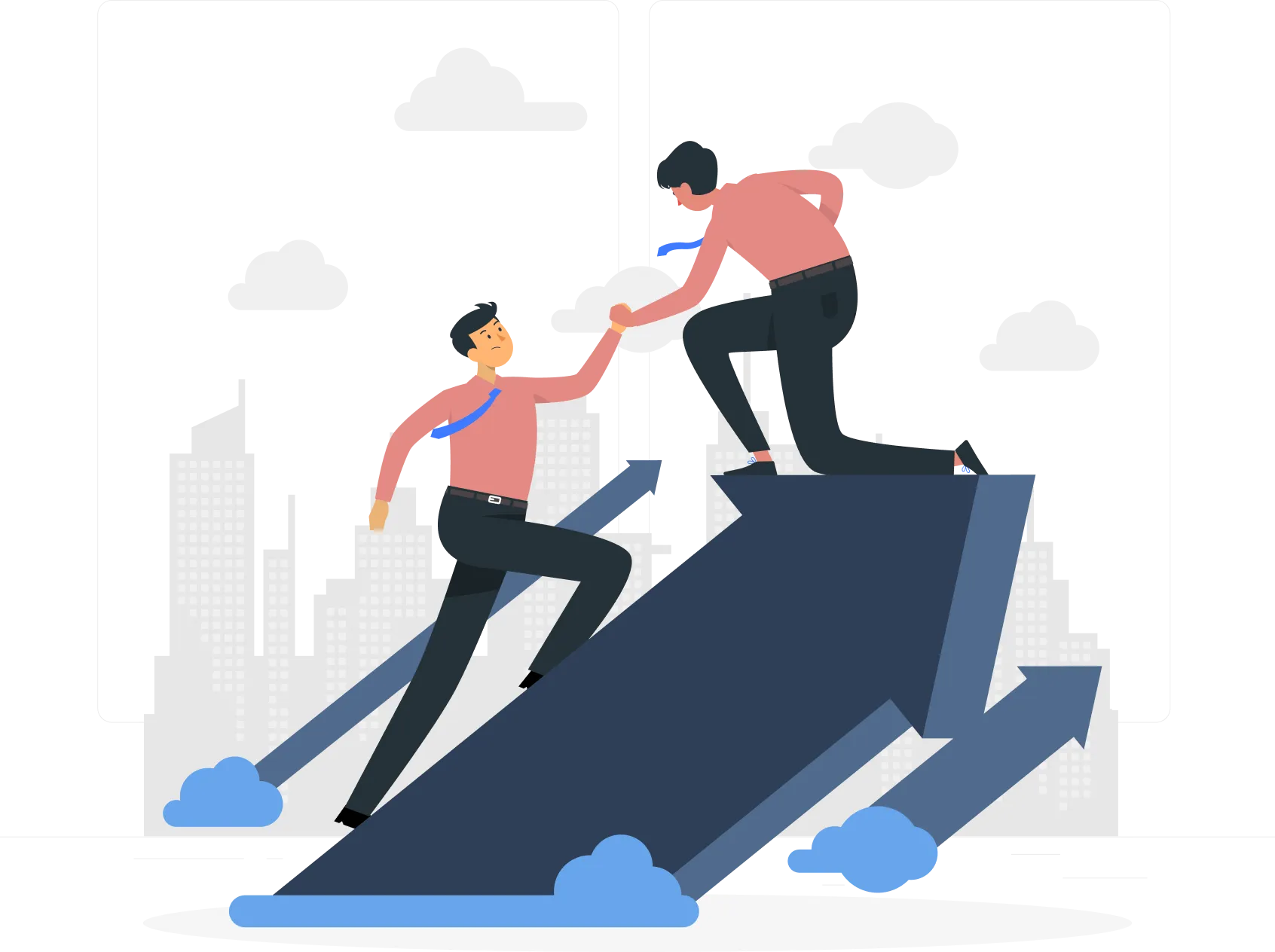Two professionals on an upward arrow representing teamwork and business growth, with a city skyline—ideal visual for Gatehills domain provider success and registering your domain.