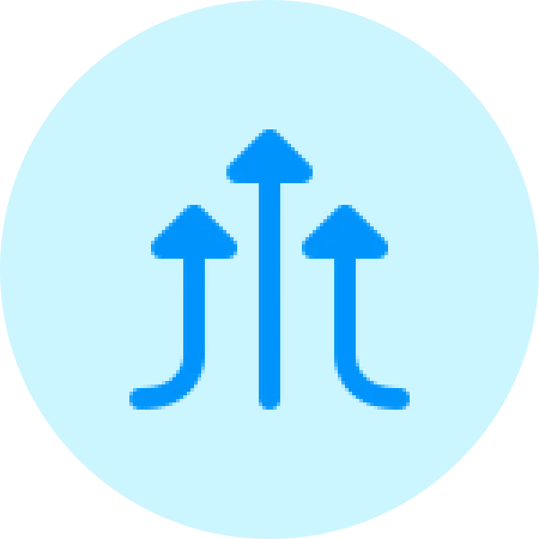 Three blue upward arrows, with the outer ones curving outward, on a bright blue circular background—symbolizing growth, expansion, and progress. Ideal for businesses aiming to buy a domain or boost their online brand presence with Gatehills.