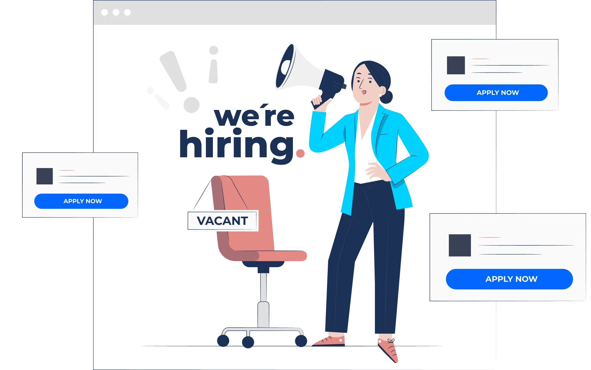 Illustration of a woman holding a megaphone beside a chair labeled "VACANT," with "We’re Hiring" and "Apply Now" text in the background—ideal for showcasing job opportunities and encouraging users to buy a domain from Gatehills for their next big opportunity.