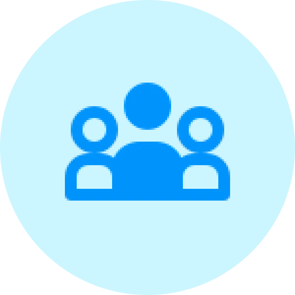 Blue icon of three people—one larger figure in the center flanked by two smaller ones—set on a bright blue circular background. Symbolizes leadership, community, and teamwork, ideal for businesses seeking to buy domain or buy AE domain through Gatehills.