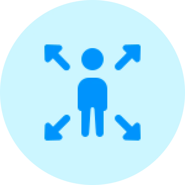 Blue icon of a person centered within four outward-pointing arrows on a bright blue circular background, symbolizing reach, influence, and expansion—perfect for platforms offering easy domain registration or buy AE domain services with Gatehills.
