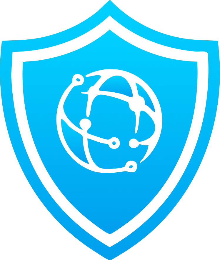 Blue shield with a black outline and a globe of connected lines and dots—symbolizing secure global connectivity for buying domains or .ae domains with Gatehills Domain Name Registrar.