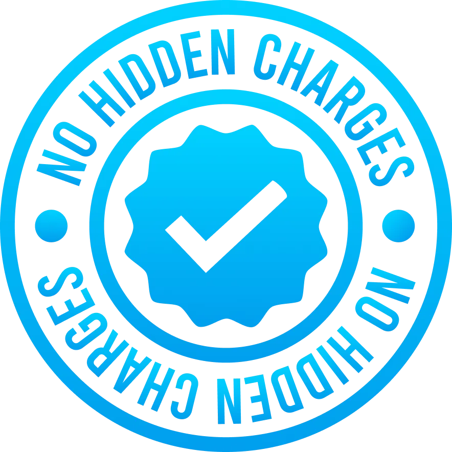 Blue circular badge with a checkmark and “No Hidden Charges” written around the edge—emphasizing transparency when buying domain names from Gatehills domain name registrar.