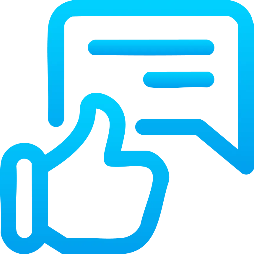 Blue outline icon of a thumbs-up over a speech bubble with lines—symbolizing positive feedback and smooth communication when buying domain names with Gatehills domain name registrar.