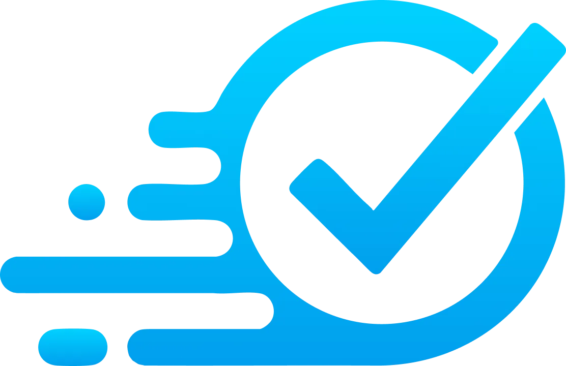 Blue checkmark inside a circle with motion streaks—symbolizing speed and efficiency when buying domain names through Gatehills domain name registrar.