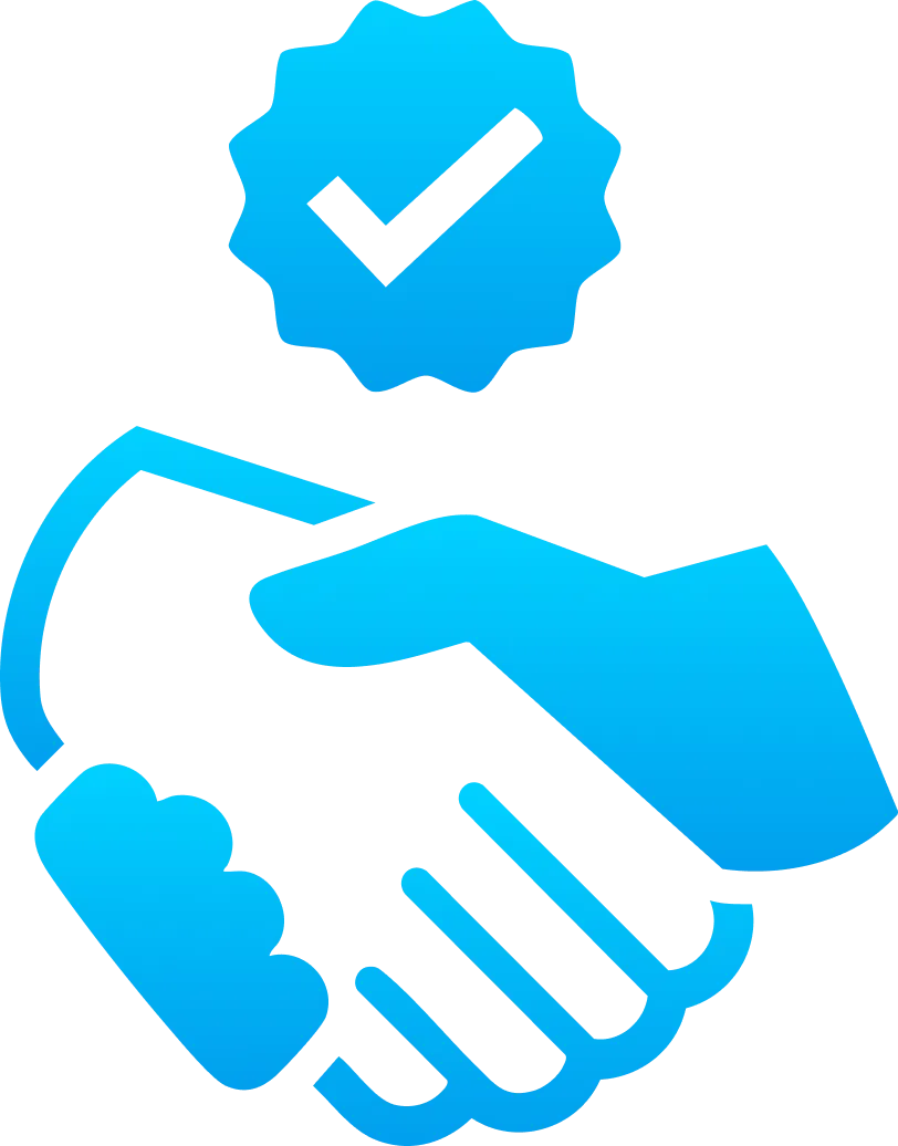Blue icon of two hands shaking with a badge and checkmark above—symbolizing trusted partnership and approval for buying domain names with Gatehills domain name registrar.