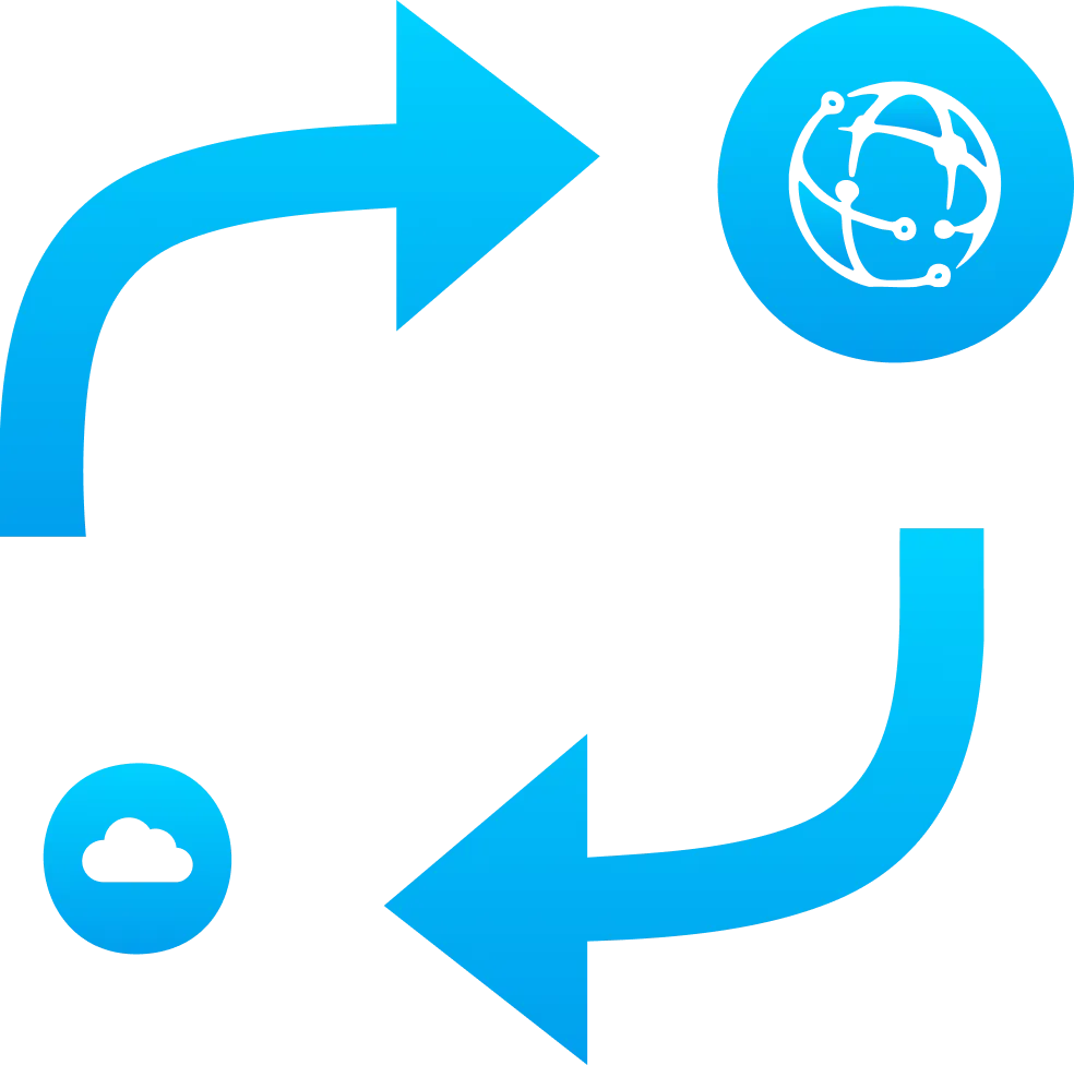 Two blue curved arrows looping between a cloud and a globe with network lines—symbolizing cloud data exchange for Gatehills domain name registrar or buying an .ae domain.