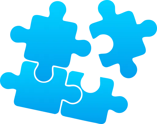 Four blue puzzle pieces, each with a unique shape, are arranged close together on a white background, symbolizing how seamlessly you can buy ae domain with Gatehills domain provider to complete your online presence.