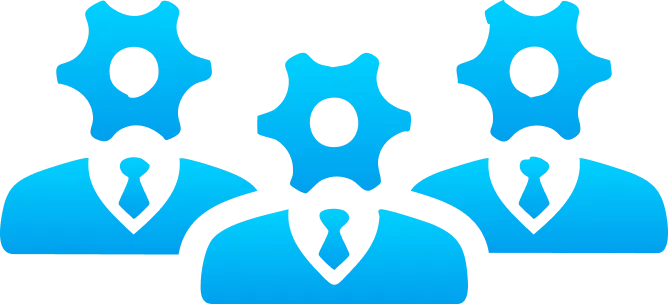Three blue human silhouettes wearing ties, each with a gear shape replacing their heads, symbolizing teamwork and collaborative problem-solving—perfect for businesses looking to buy ae domain from Gatehills domain provider.