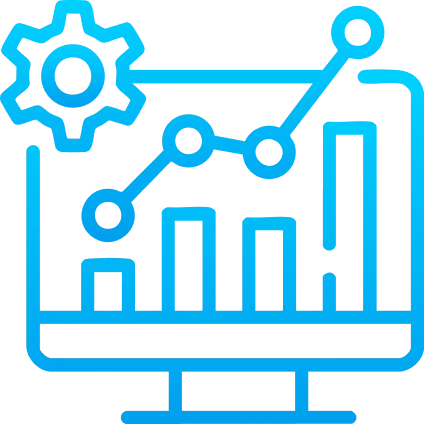 A blue outline icon of a computer monitor displaying a bar graph and line graph, with a gear in the upper left corner, representing data analysis or analytics from Gatehills domain provider.