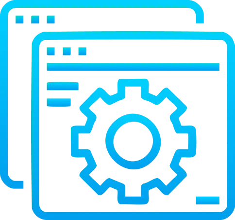 Two overlapping blue outlined web browser windows, with a large gear in the center of the front window, representing website or software settings—perfect for managing your Gatehills domain provider account or when you buy AE domain names.