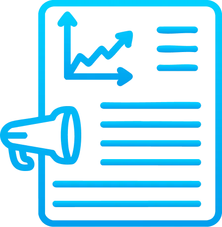Blue line art icon showing a document with a chart, text lines, and a megaphone, representing communication or promotion of business reports or marketing analytics—ideal for gatehills domain provider users looking to buy domain or buy ae domain.