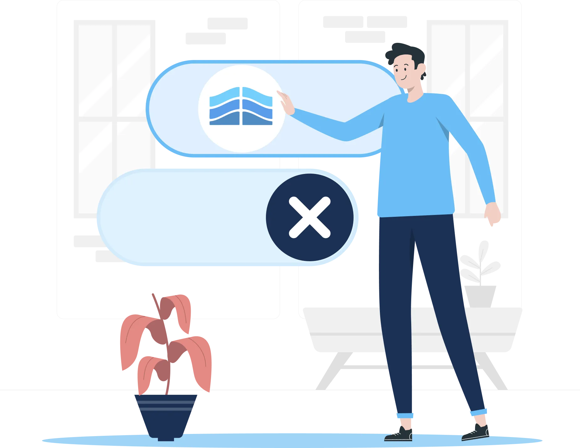 Illustration of a smiling person in blue standing next to two large, overlapping toggle switches, one with a wave icon and one with an X symbol—highlighting the ease of using Gatehills domain provider to buy domain names. A potted plant and window are in the background.