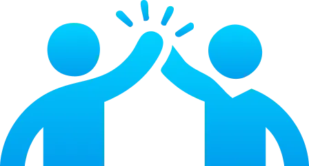 Two blue stick figures high-fiving with rays above their hands—symbolizing energy, success, and partnership through domain registration with Gatehills.