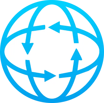 Blue globe icon with four arrows encircling it—symbolizing global connectivity and worldwide reach, ideal for domain registration or buying a domain with Gatehills.