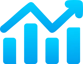 Blue icon of a bar chart with four vertical bars and a rising line graph—symbolizing growth and success, ideal for showcasing results after domain registration with Gatehills.