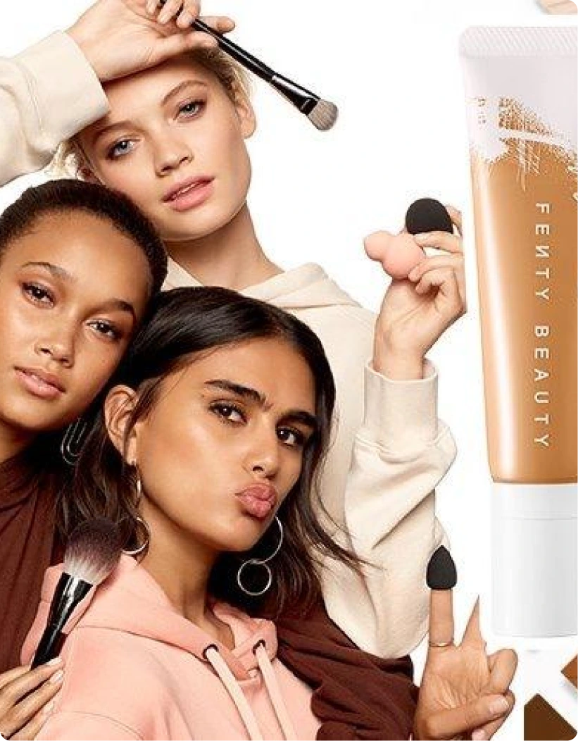 Fenty Beauty models showcasing diverse makeup products and tools, highlighting the brand's inclusive beauty standards and its presence on the .ae domain in the UAE.