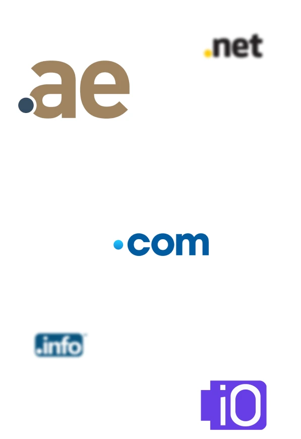 Illustration of connected domain extensions including .ae, .com, .net, .info, and .io, visually representing domain registration options offered by Gatehills, an official .ae domain registrar.