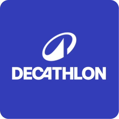 Decathlon logo, a sleek and modern emblem with the brand name in vibrant blue against a white background.