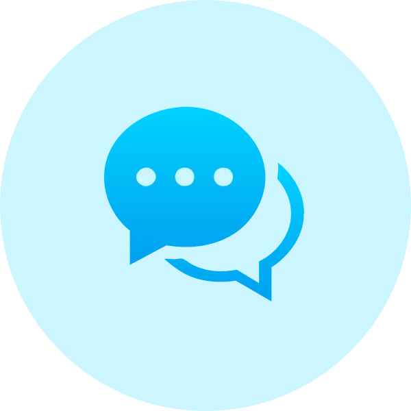 Two blue speech bubbles, one overlapping the other, with three white dots in the front bubble, symbolizing chat or messaging on a bright blue circular background—perfect for those looking to buy a domain from Gatehills.