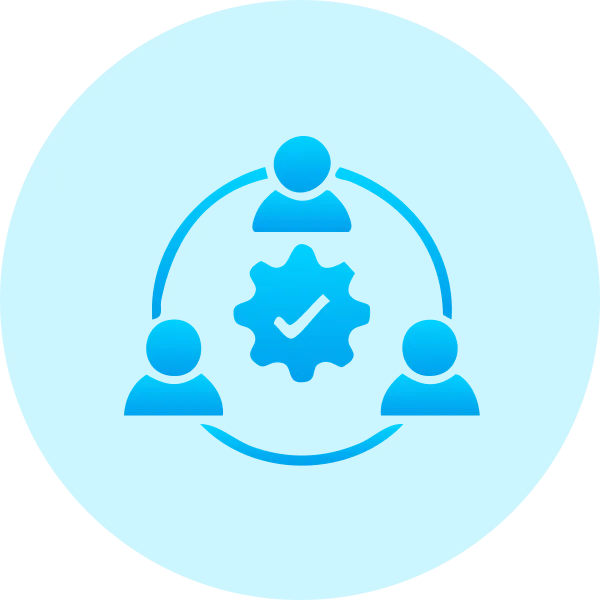 A blue circular icon showing three user silhouettes connected around a gear with a checkmark in the center, symbolizing teamwork, collaboration, and effective workflow—ideal for platforms where you can buy domain or buy ae domain with ease.