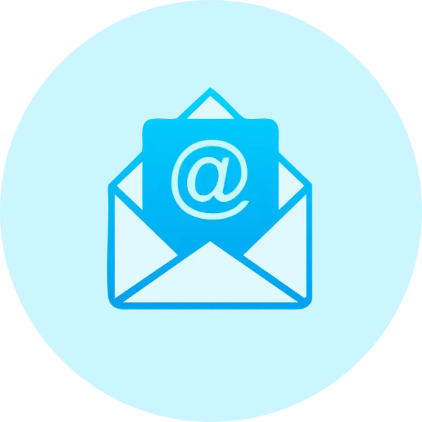 Blue icon of an open envelope with a paper inside showing a white @ symbol, set against a light blue circular background—perfect for highlighting how easy it is to buy a domain from Gatehills.