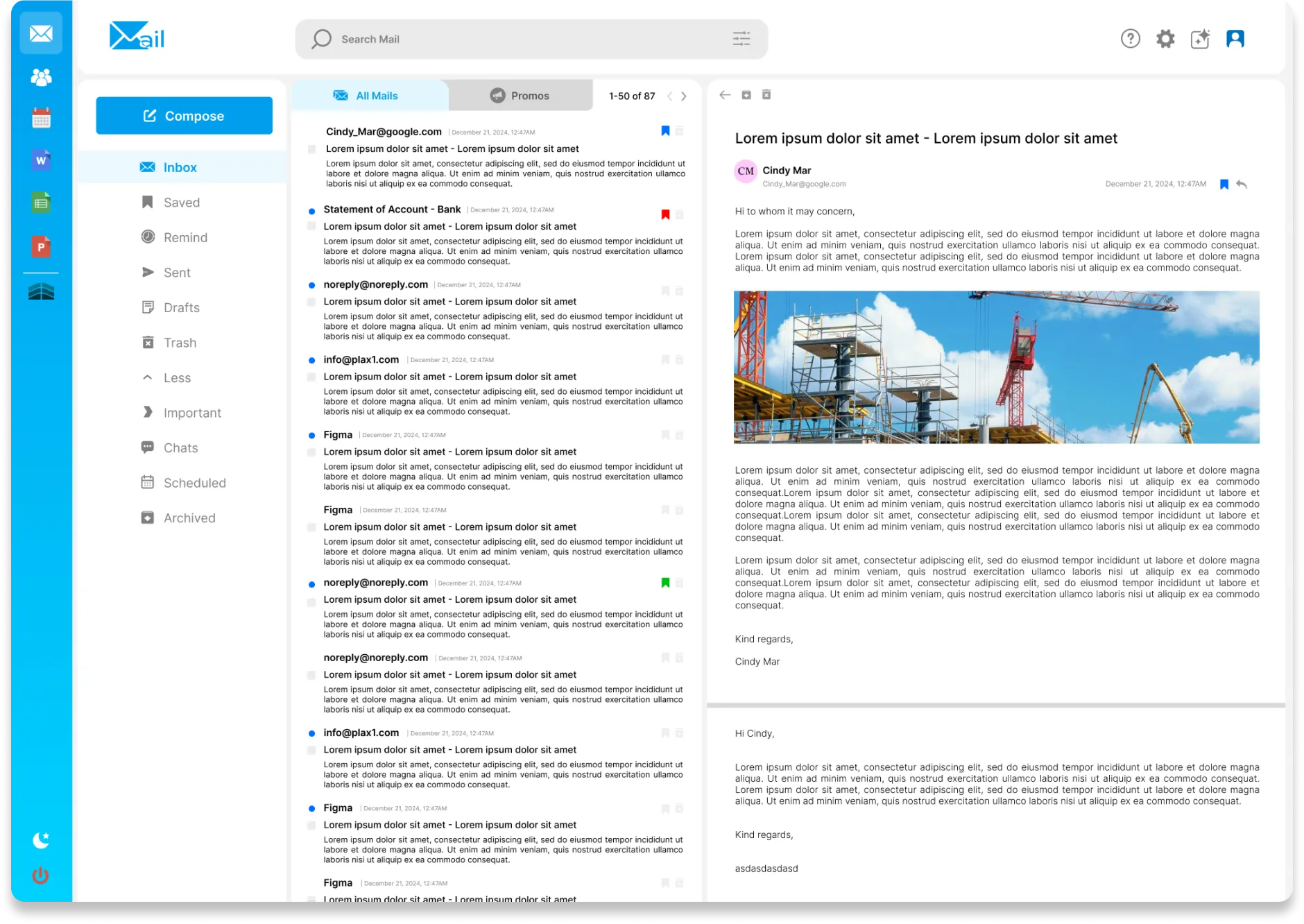 Web-based email client interface with a left sidebar of navigation icons, a central inbox showing email previews, and an opened email on the right containing a construction site image and text about how to buy a domain from Gatehills.