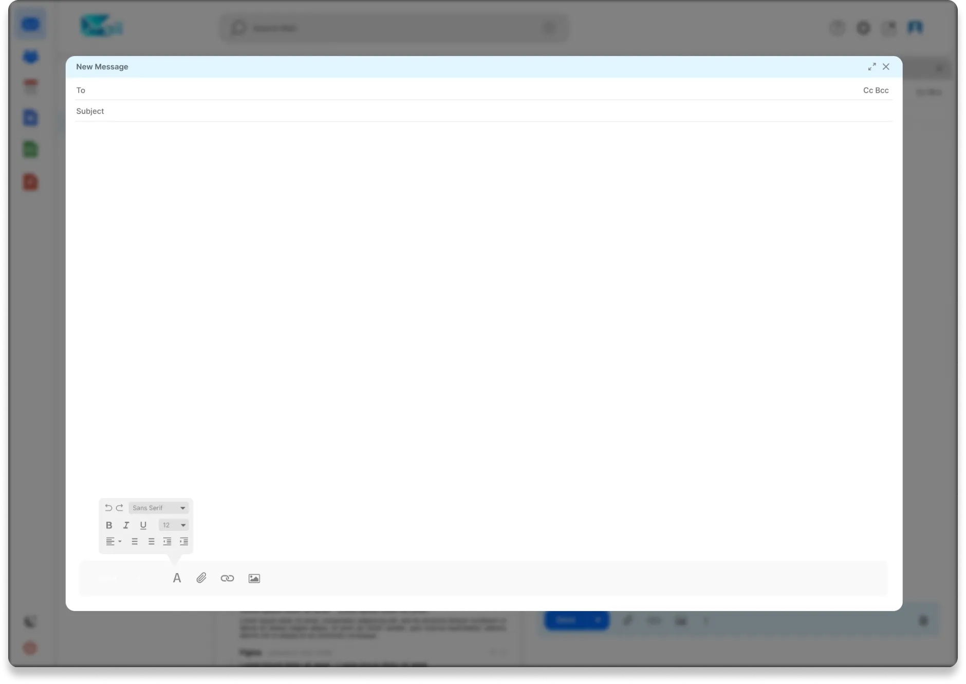 Blank email compose window on a computer screen with fields for recipient, subject, and message body. Formatting tools and send controls are visible—ideal for composing inquiries about how to buy a domain from Gatehills.