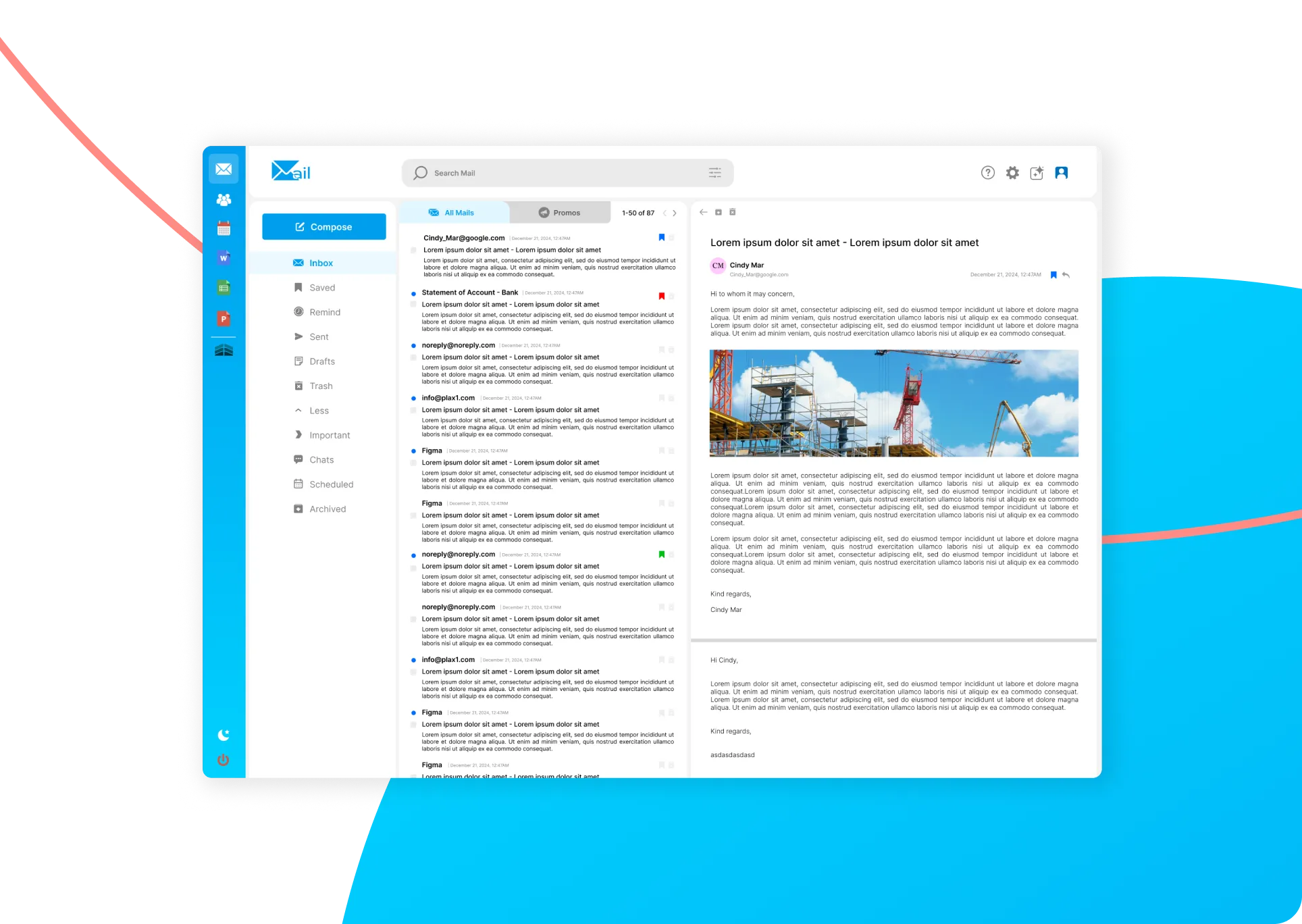 Screenshot of a desktop email client interface displaying folders, a list of emails, and an open email with text and images of industrial sites and cranes—featuring information on how to buy AE domain from Gatehills.