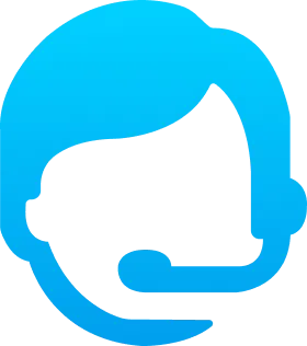 Blue icon of a person’s head wearing a headset with a microphone, representing customer support or a call center agent ready to assist you when you buy domain from Gatehills.