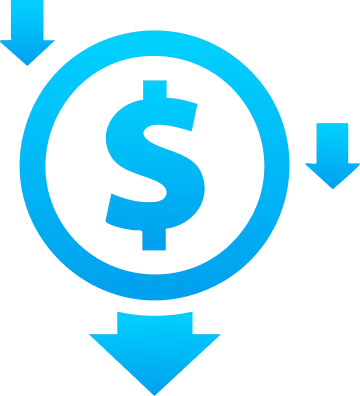 A blue dollar sign inside a circle with three downward-pointing arrows, suggesting a decrease in cost or price—perfect for those looking to buy domain or buy AE domain at affordable rates.