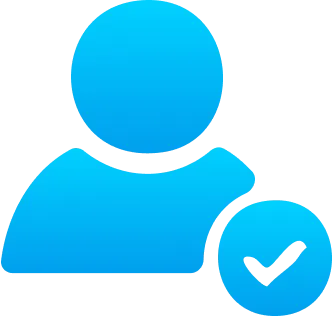 Blue icon of a person with a check mark inside a circle at the lower right, indicating user verification—perfect for profiles on sites where you can buy domain or buy ae domain securely.