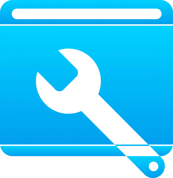 Blue web browser icon with a black wrench, symbolizing website tools and maintenance—ideal for buy domain or Gatehills domain name registration services.