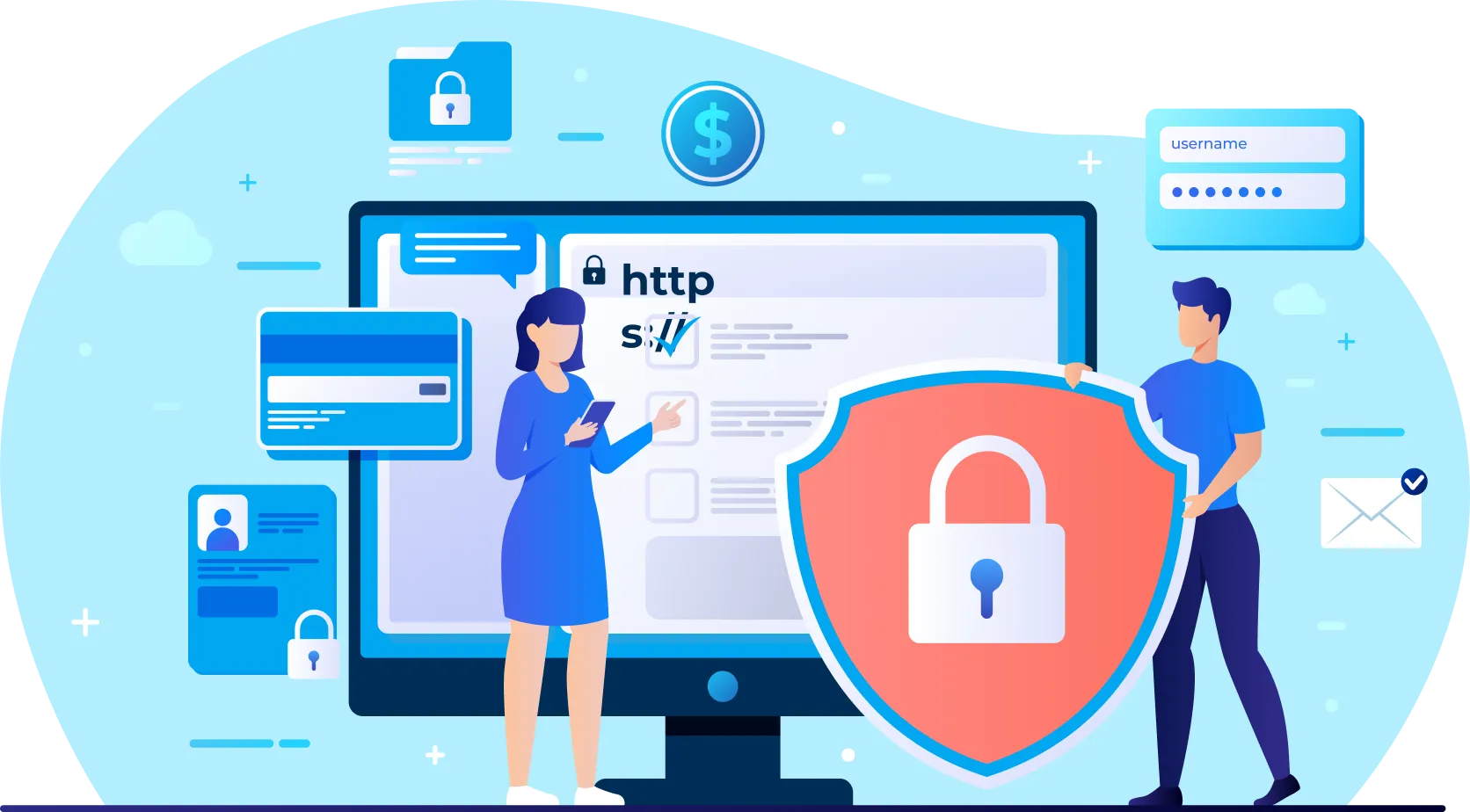 Illustration of a boy holding web security shield and a girl who is explaining on the web about the web security service by gatehills