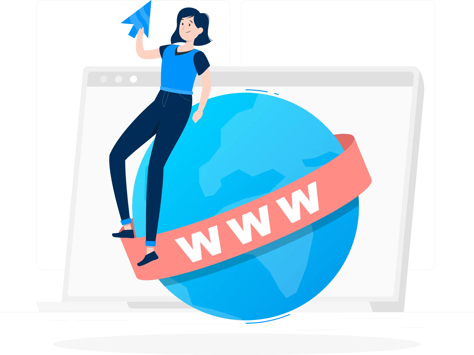 Illustration of a woman sitting on a globe with a 'WWW' banner, symbolizing global web presence and domain registration