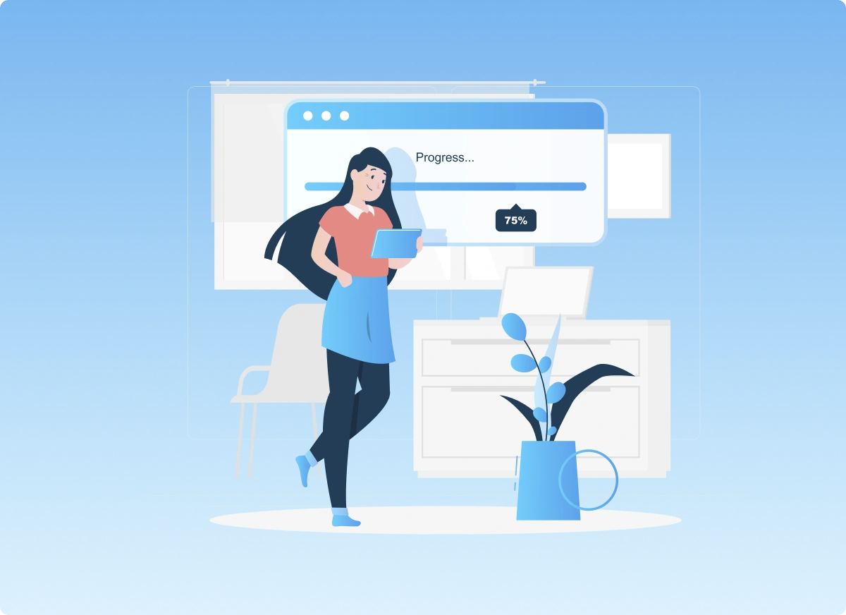 Illustration of a woman with long hair holding a tablet in a modern office setting. A large plant and a computer with a visible search bar are in the background — conveying a calm, focused atmosphere ideal for exploring domain search and online tools with Gatehills.