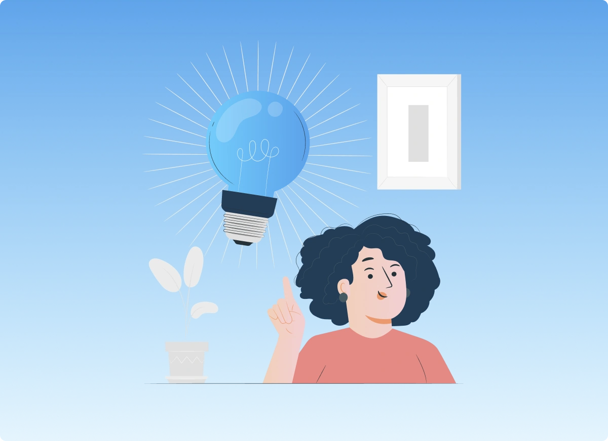 Illustration of a person with curly hair having a lightbulb moment, pointing at a glowing blue bulb — representing inspiration, innovation, and fresh ideas for building your online presence with Gatehills. A plant and light switch are set against a smooth blue gradient background.
