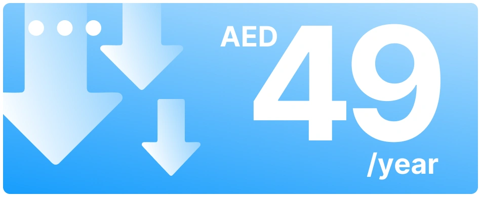 A blue background with large white arrows pointing down on the left and AED 49 /year in bold white text on the right, highlighting Gatehills—use the best domain and hosting provider company.