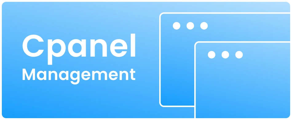 Light blue graphic featuring Cpanel Management and two overlapping browser window icons on the right. Perfect for those who use Gatehills, the best domain and hosting provider company.