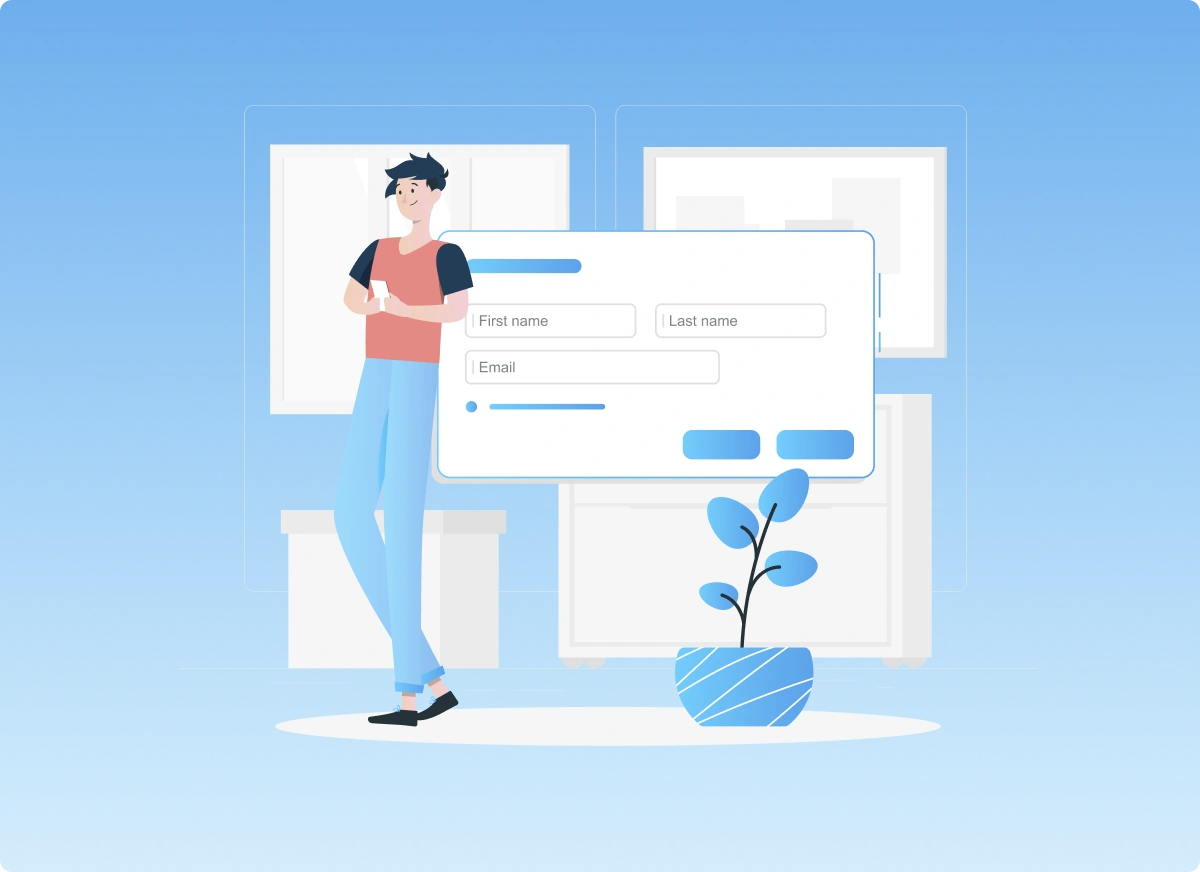 Illustration of a person standing beside a floating login form with text fields, set in a sleek blue-toned room — conveying a modern, minimalist design and representing secure user access on the Gatehills domain platform.