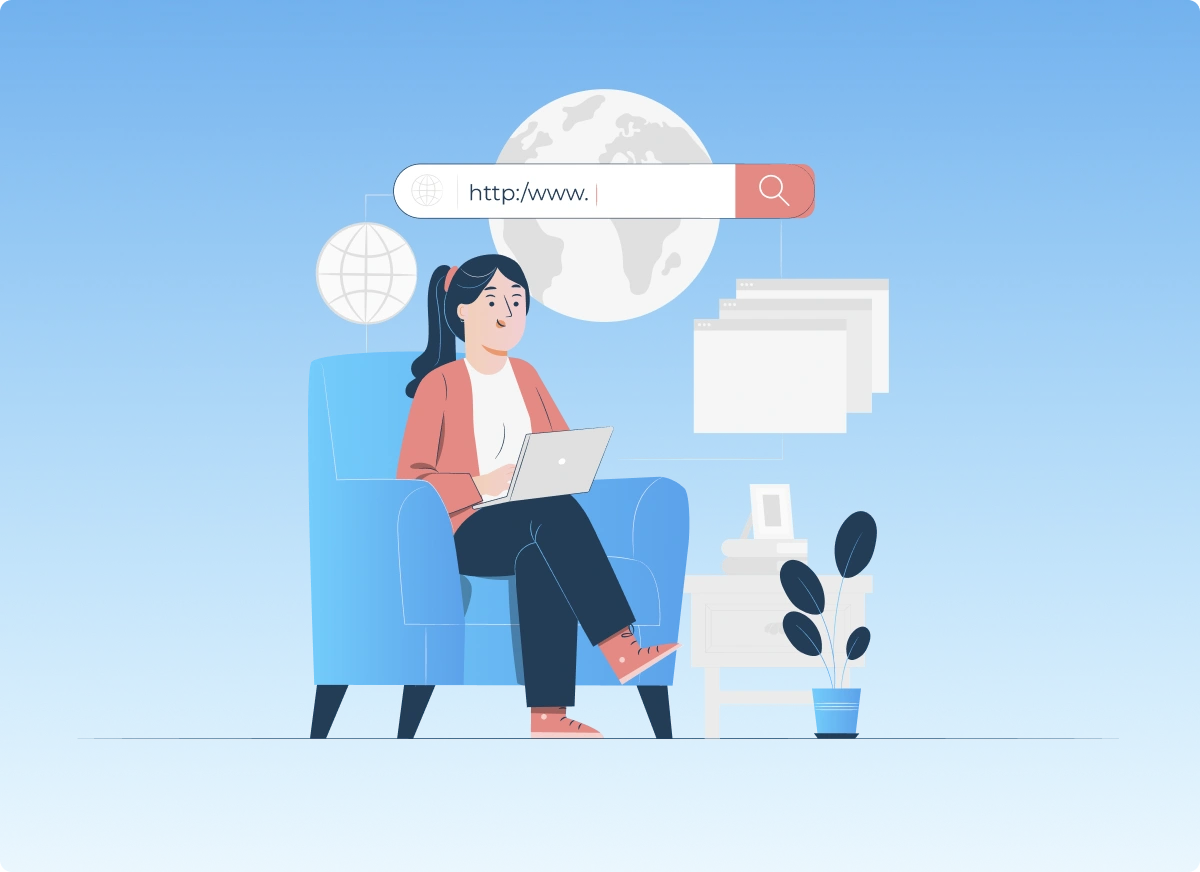 Illustration of a woman sitting in a blue armchair, working on a laptop with a globe and search bar overlay behind her — symbolizing global connectivity and domain search, perfect for promoting Gatehills domain services.